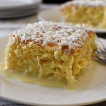 vanilla cake moistened with condensed milk, evaporated milk and coconut milk