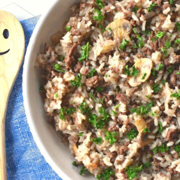 rice and ground beef with mushrooms made in just one pot