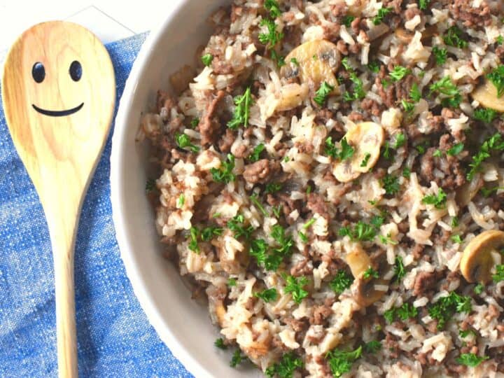 rice and ground beef with mushrooms made in just one pot