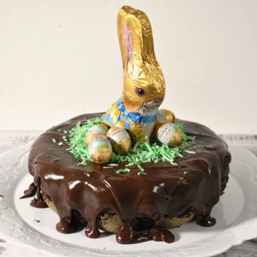 Chocolate cake with chocolate fudge topping, decorated with a chocolate bunny and chocolate eggs.