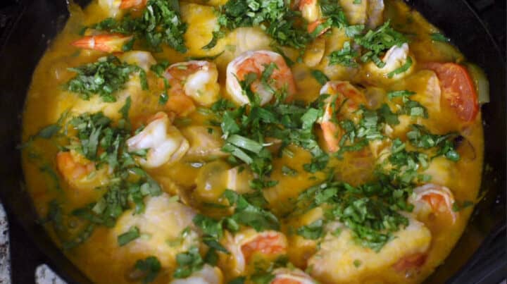 chopped cilantro added to the shrimp, fish and vegetables stew