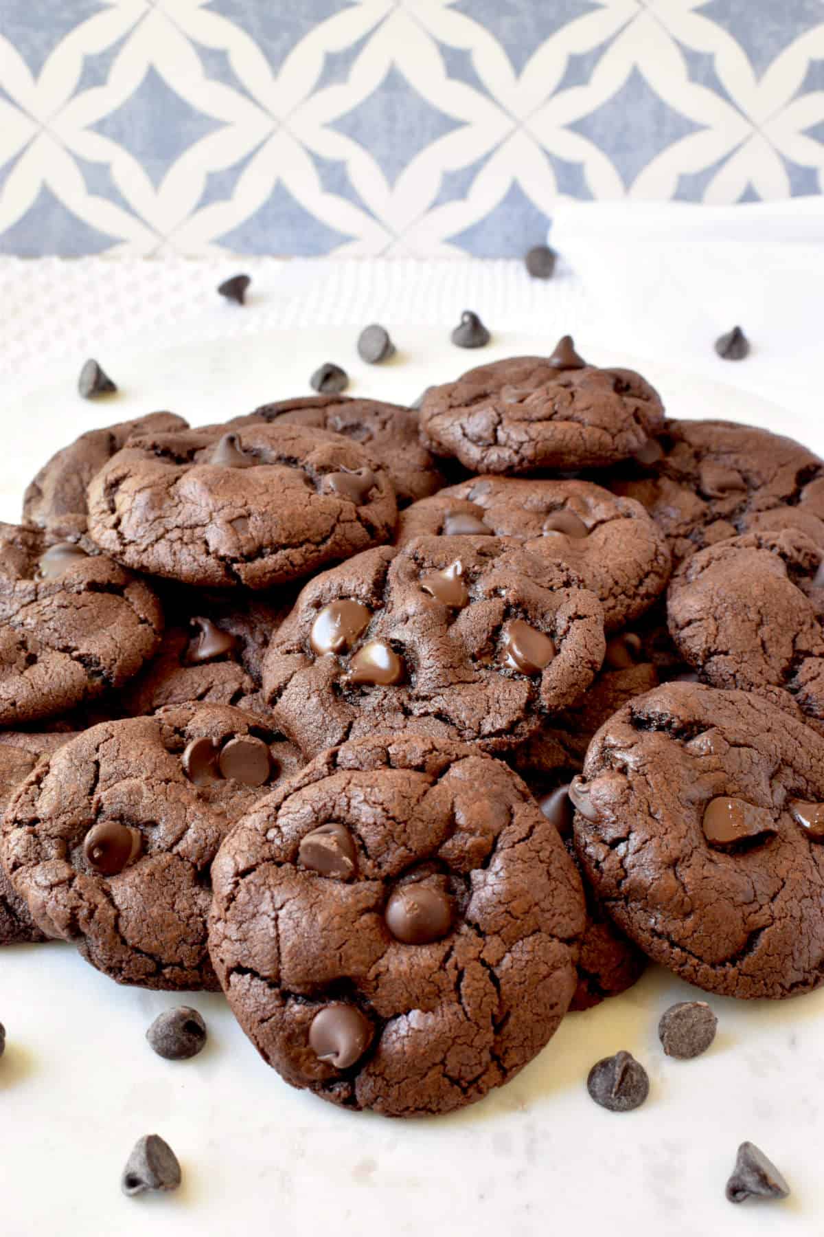 double chocolate cookies on a serving tray