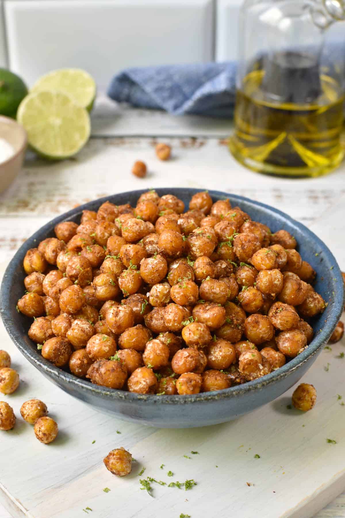 pan roasted and seasoned chickpeas in a blue bowl