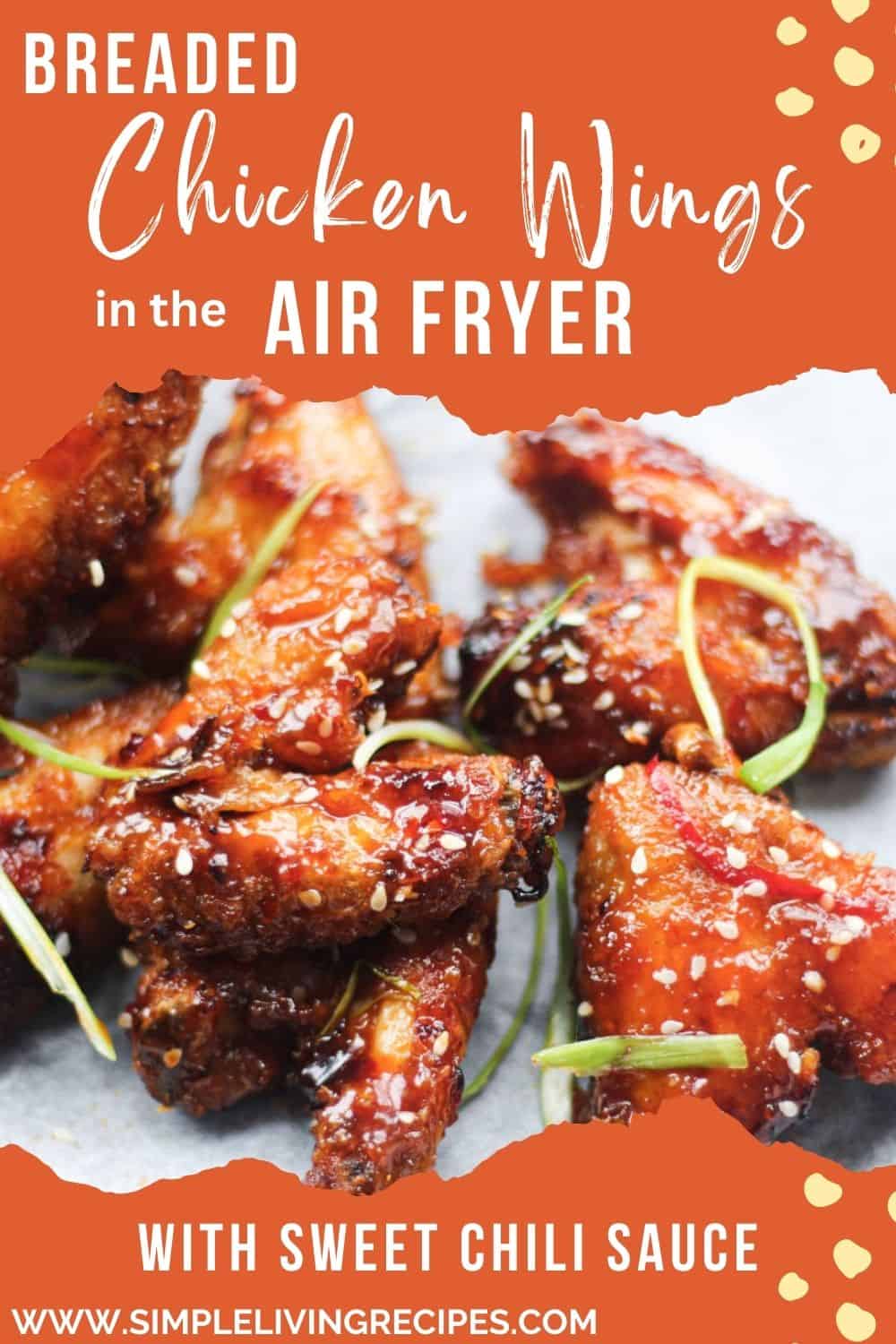 Breaded chicken wings in the air fryer with sweet chili sauce pin for Pinterest