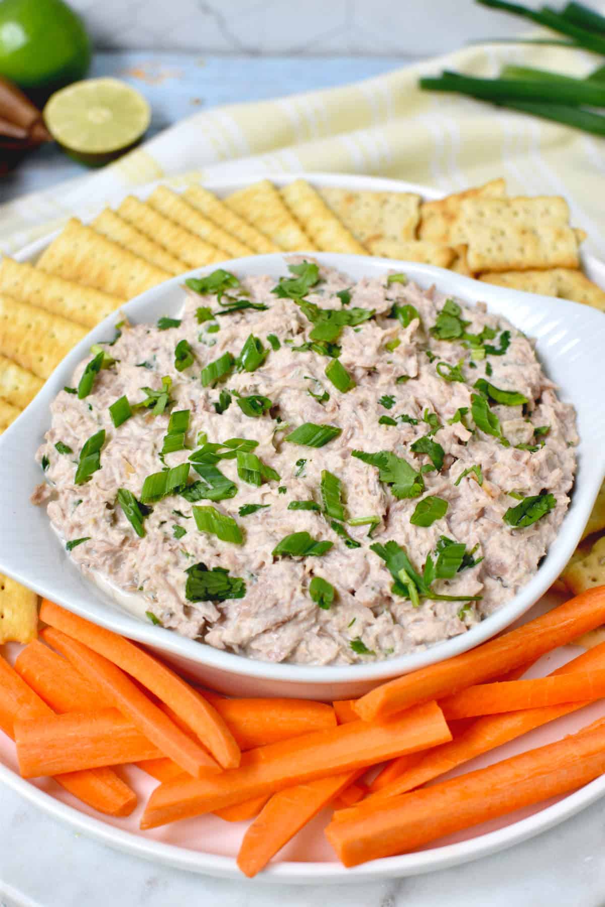 tuna dip with crackers and carrots.