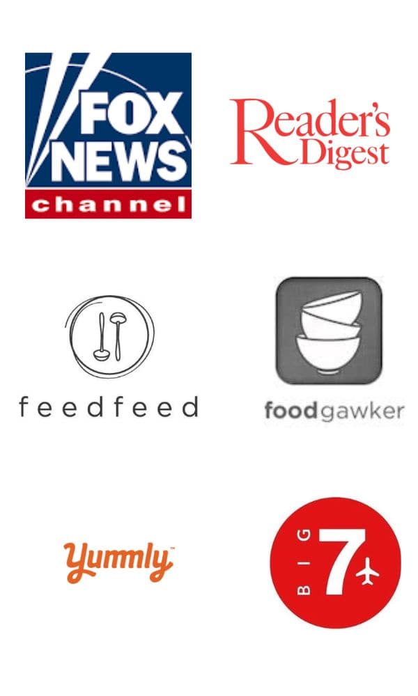 Logos from websites where Simple Living Recipes has been featured: Fox news, Reader's Digest, feedfeed, food gawker, yummly and big seven travel.