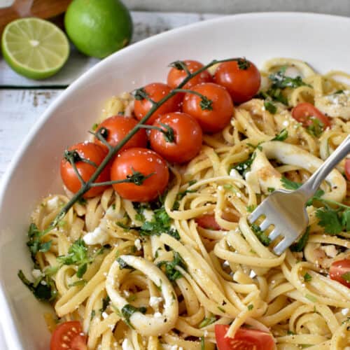 Round dish with Linguini pasta, calamari rings, tomatoes, cilantro and a cherry tomato vine decorating the dish.